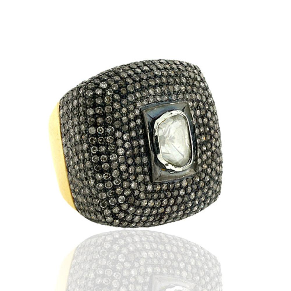 Rose Cut Square Shaped Ring with Center Diamond Surrounded by Micro Pave Diamonds For Sale