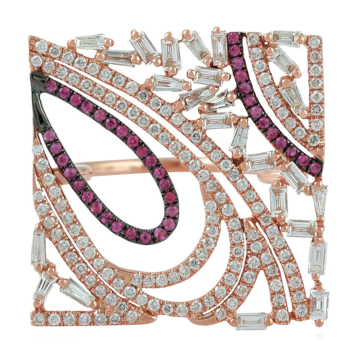 Taille mixte Bague carrée en or rose 18 carats avec saphir rose et diamants en vente