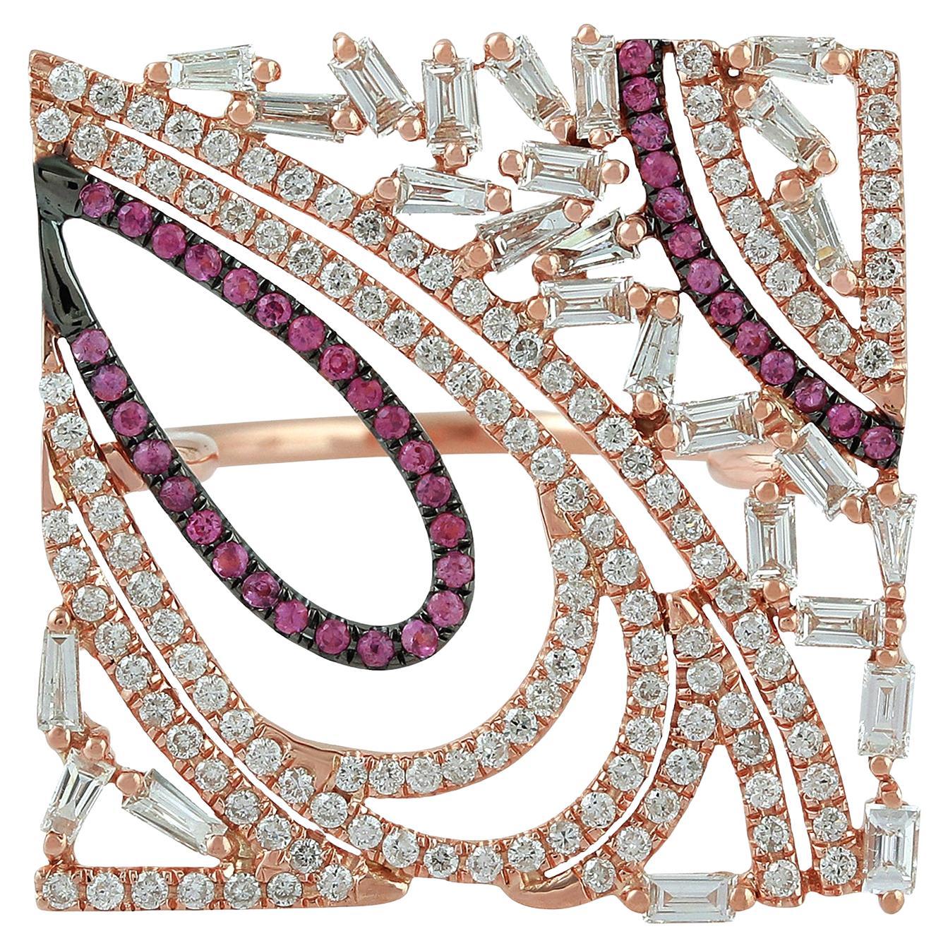 Bague carrée en or rose 18 carats avec saphir rose et diamants