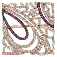 Bague carrée en or rose 18 carats avec saphir rose et diamants