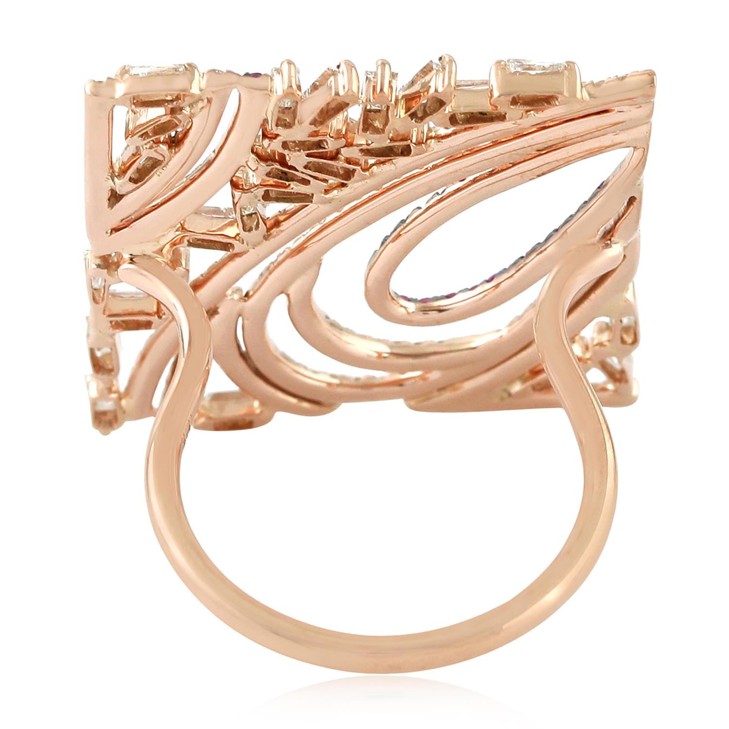 Art Deco Square Shaped Ring With Pink Sapphire & Diamonds Made In 18k Rose Gold For Sale