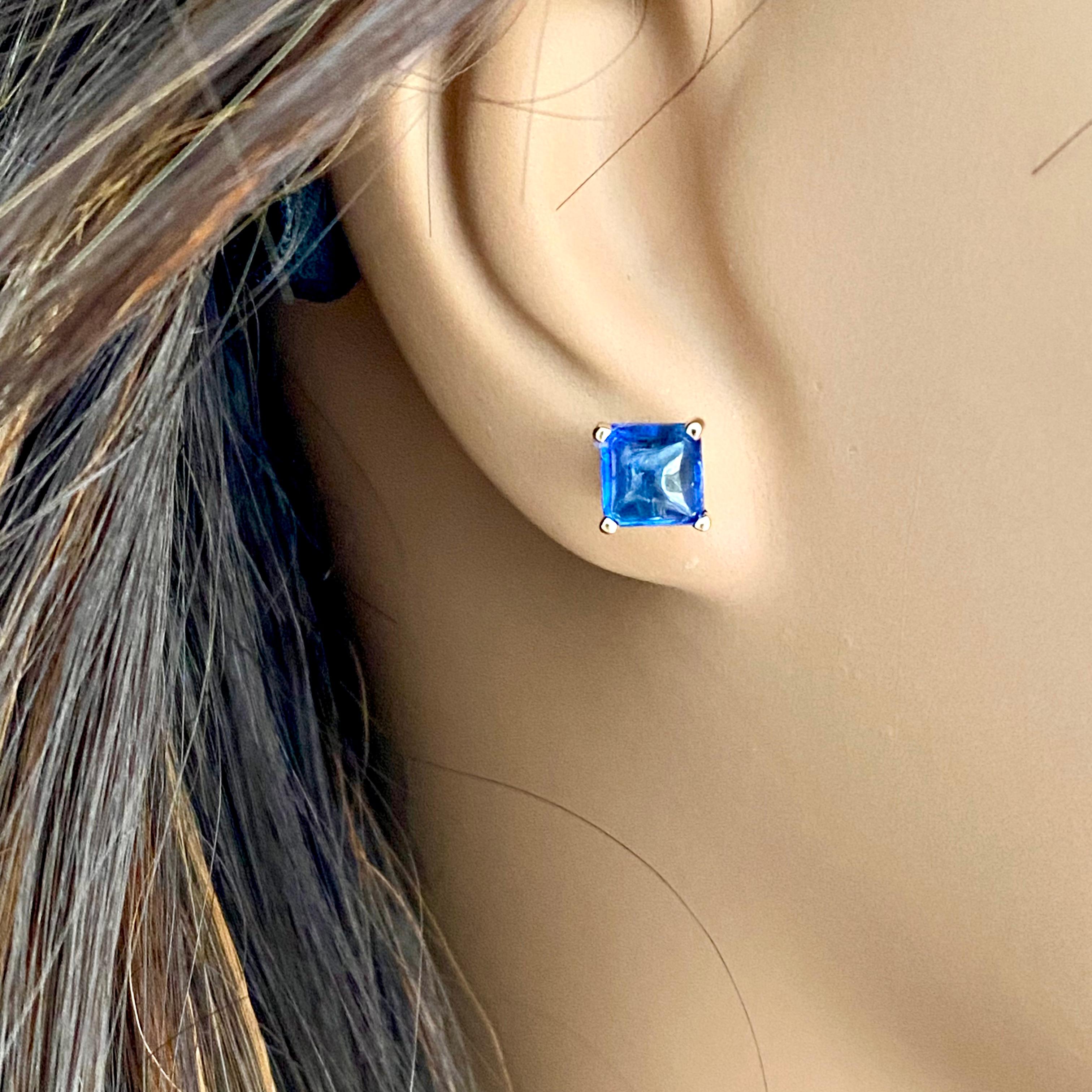Square Shaped Sugarloaf Ceylon Cabochon Sapphire 1.20 Carat Gold Stud Earrings For Sale 2