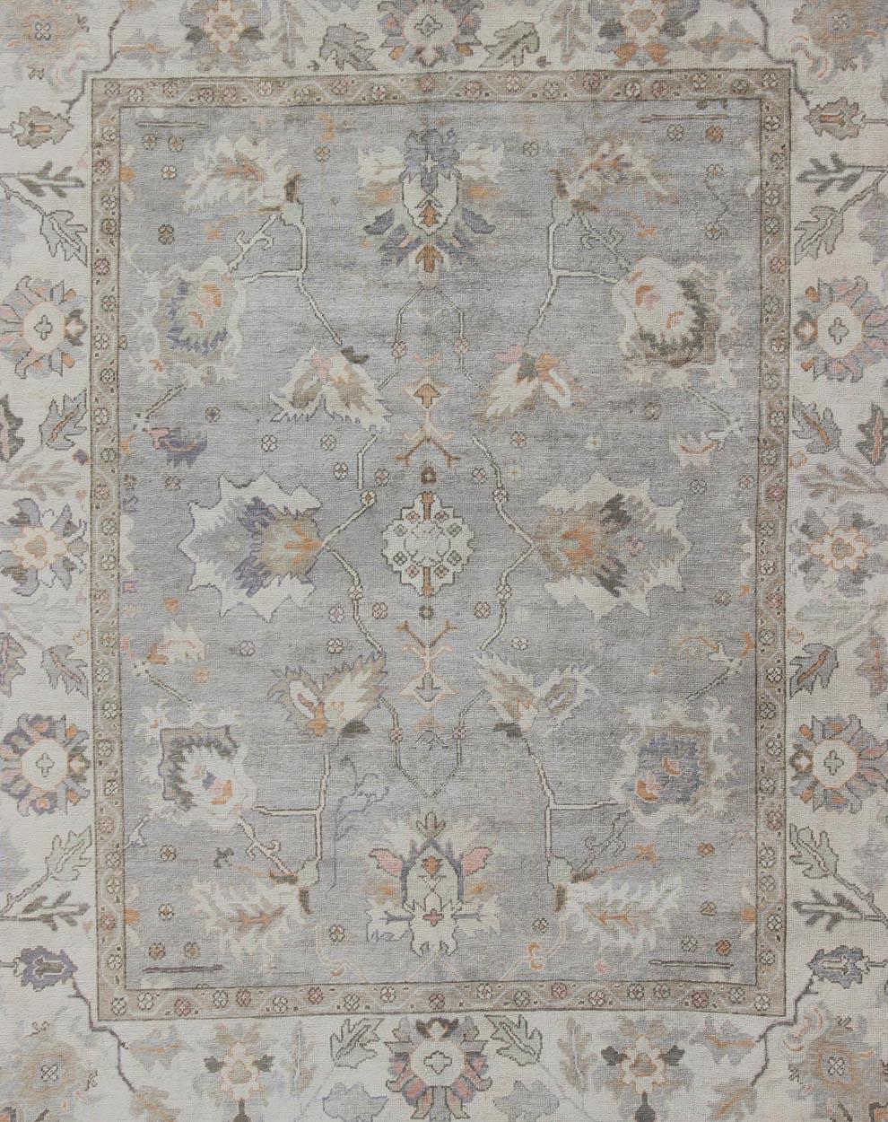 Hand-Knotted Square Shaped Turkish Oushak Rug with Neutral Color Palette For Sale
