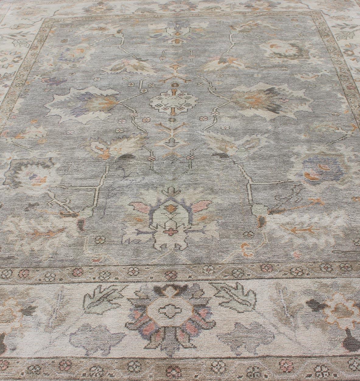 Wool Square Shaped Turkish Oushak Rug with Neutral Color Palette For Sale