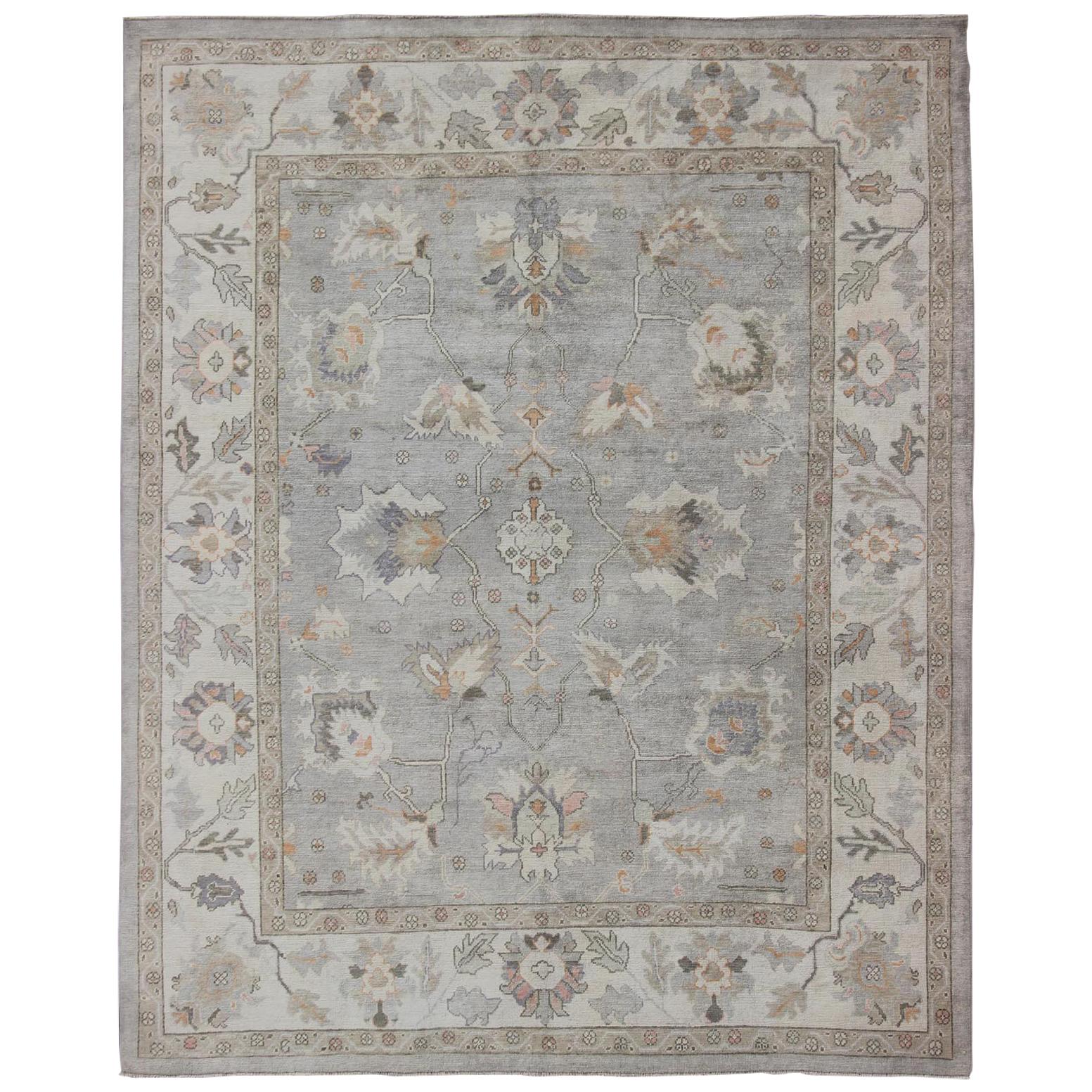 Square Shaped Turkish Oushak Rug with Neutral Color Palette For Sale