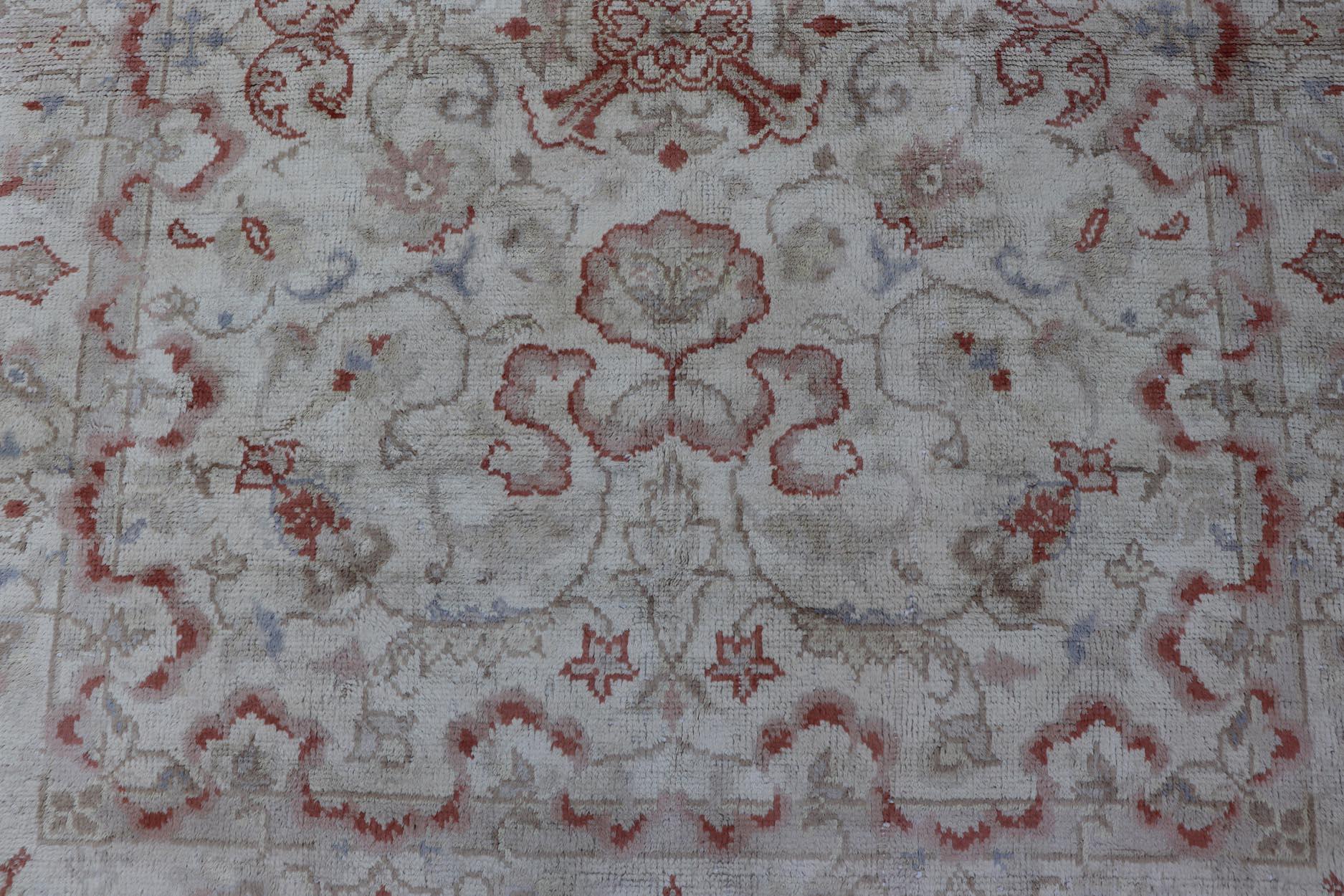 Turkish square-shaped Vintage Oushak in Light Blue, Terracotta & Taupe Green 7' x 8'7 For Sale