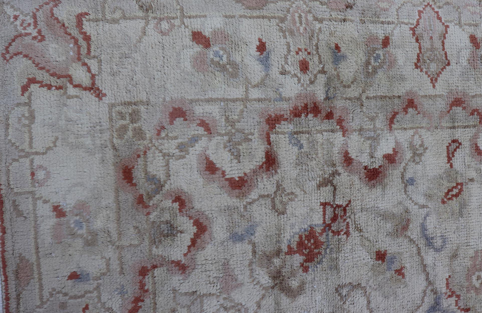 Hand-Knotted square-shaped Vintage Oushak in Light Blue, Terracotta & Taupe Green 7' x 8'7 For Sale