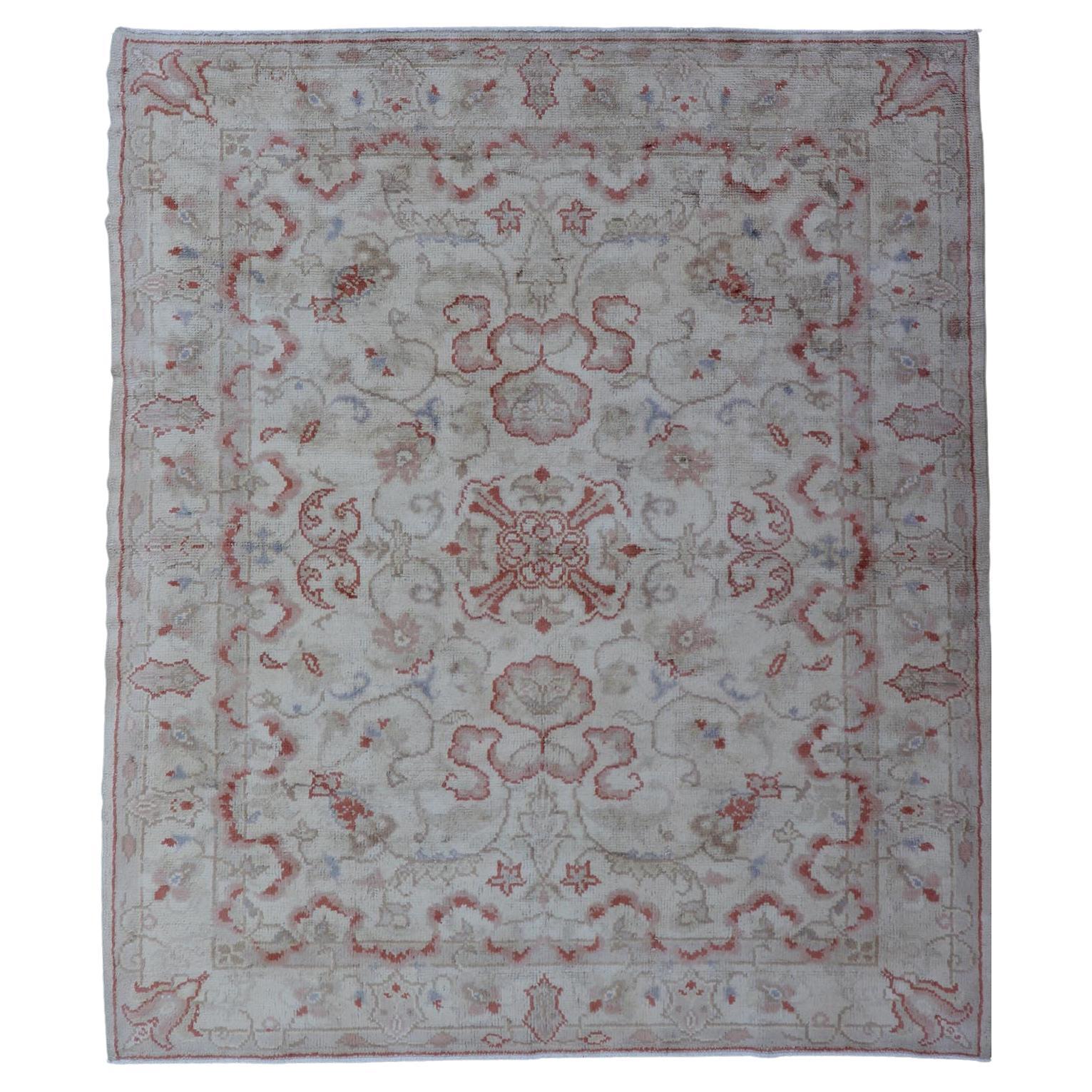 square-shaped Vintage Oushak in Light Blue, Terracotta & Taupe Green 7' x 8'7 For Sale