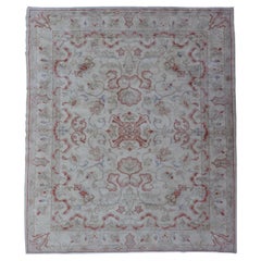 Oushak vintage a forma di quadrato in azzurro, terracotta e verde taupe 7' x 8'7
