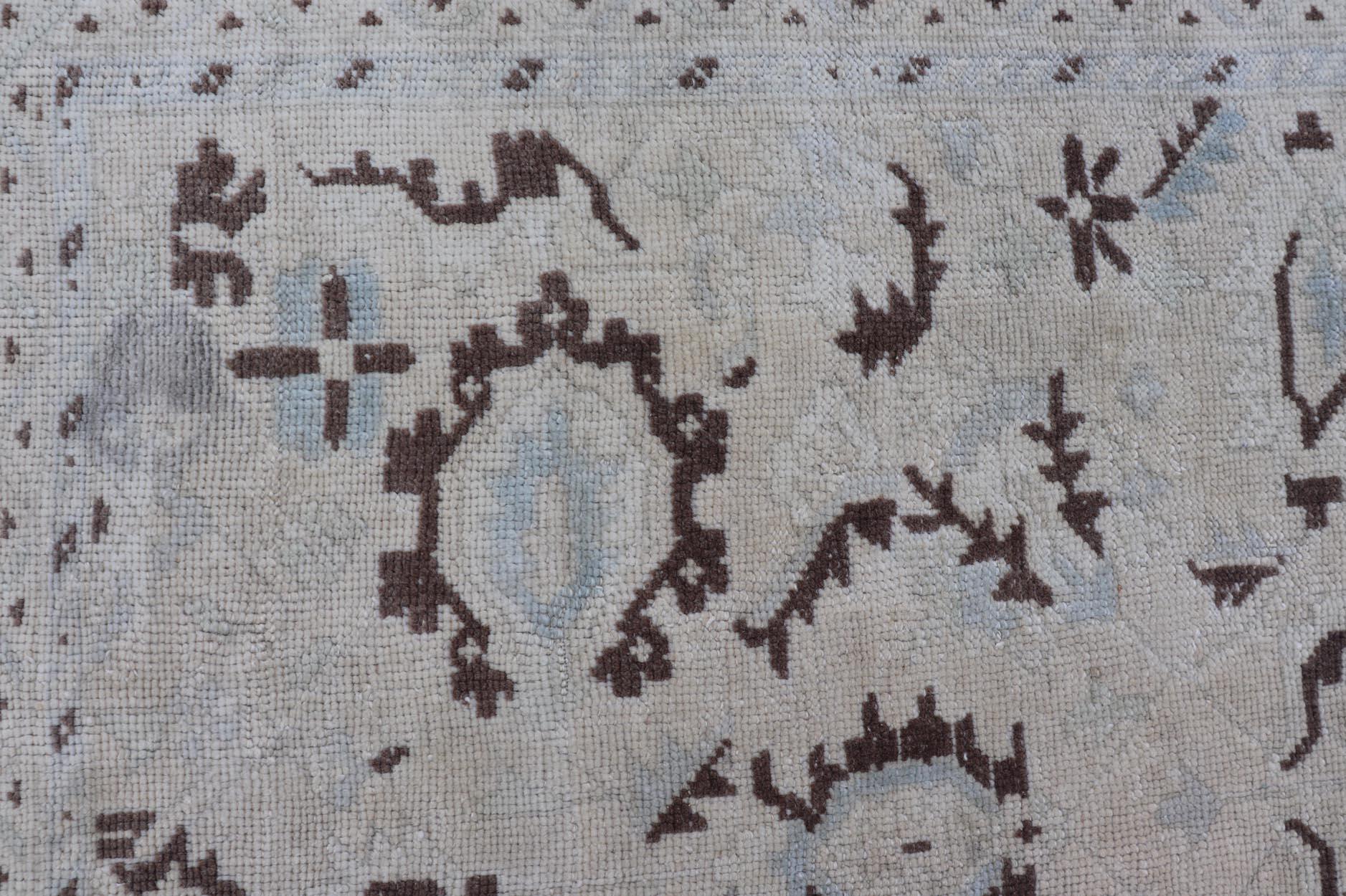 Wool Square Shaped Vintage Turkish Oushak Rug with Brown, Lt. Blue and Cream Tones For Sale