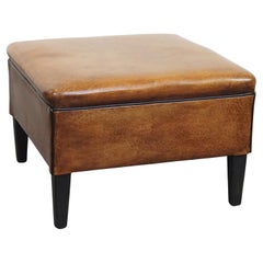 Square Sheepskin Leather Ottoman with Black Piping