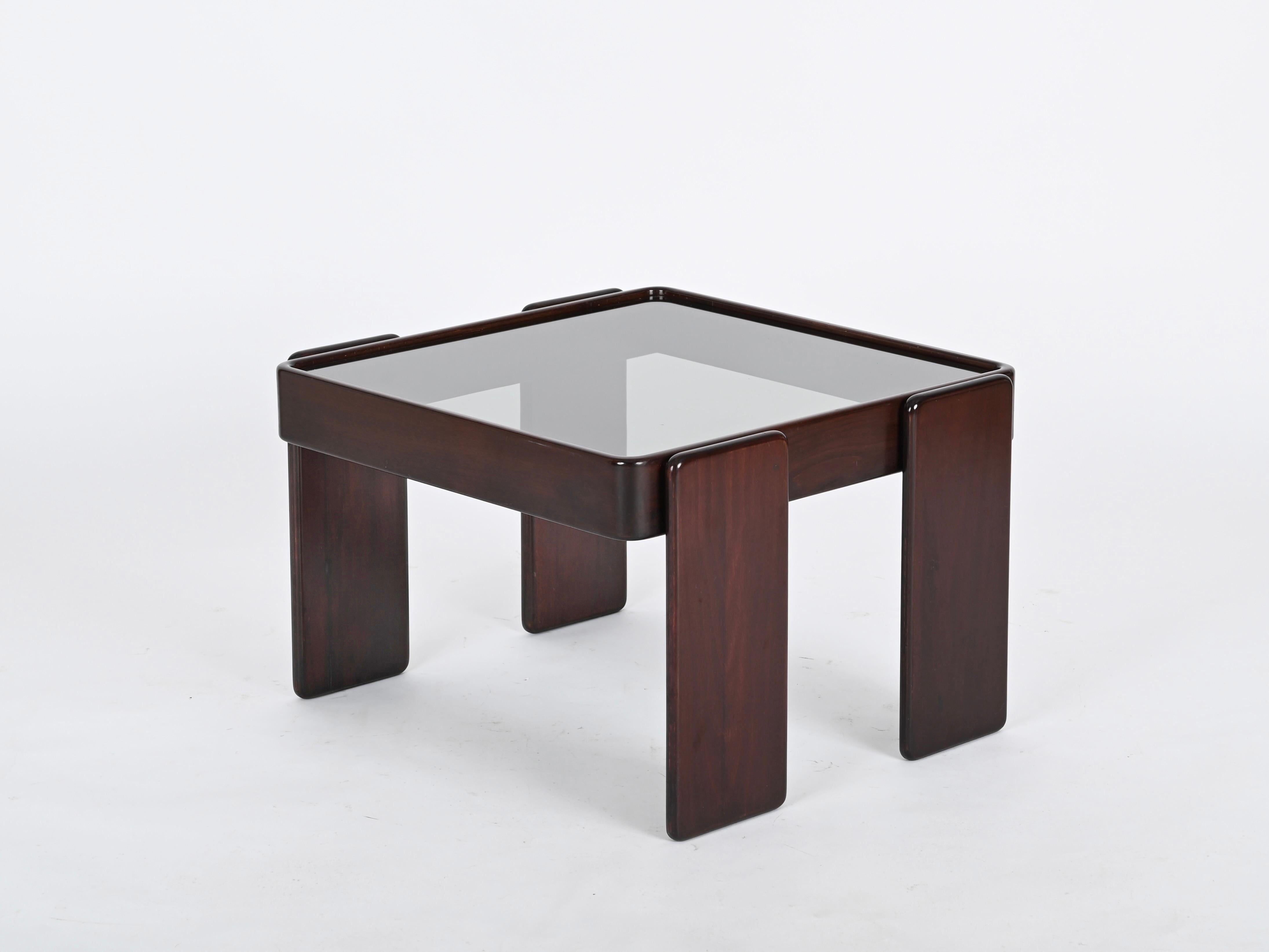 Square Side Coffee Table with Smoked Glass by Frattini for Cassina, Italy, 1970s In Good Condition In Roma, IT
