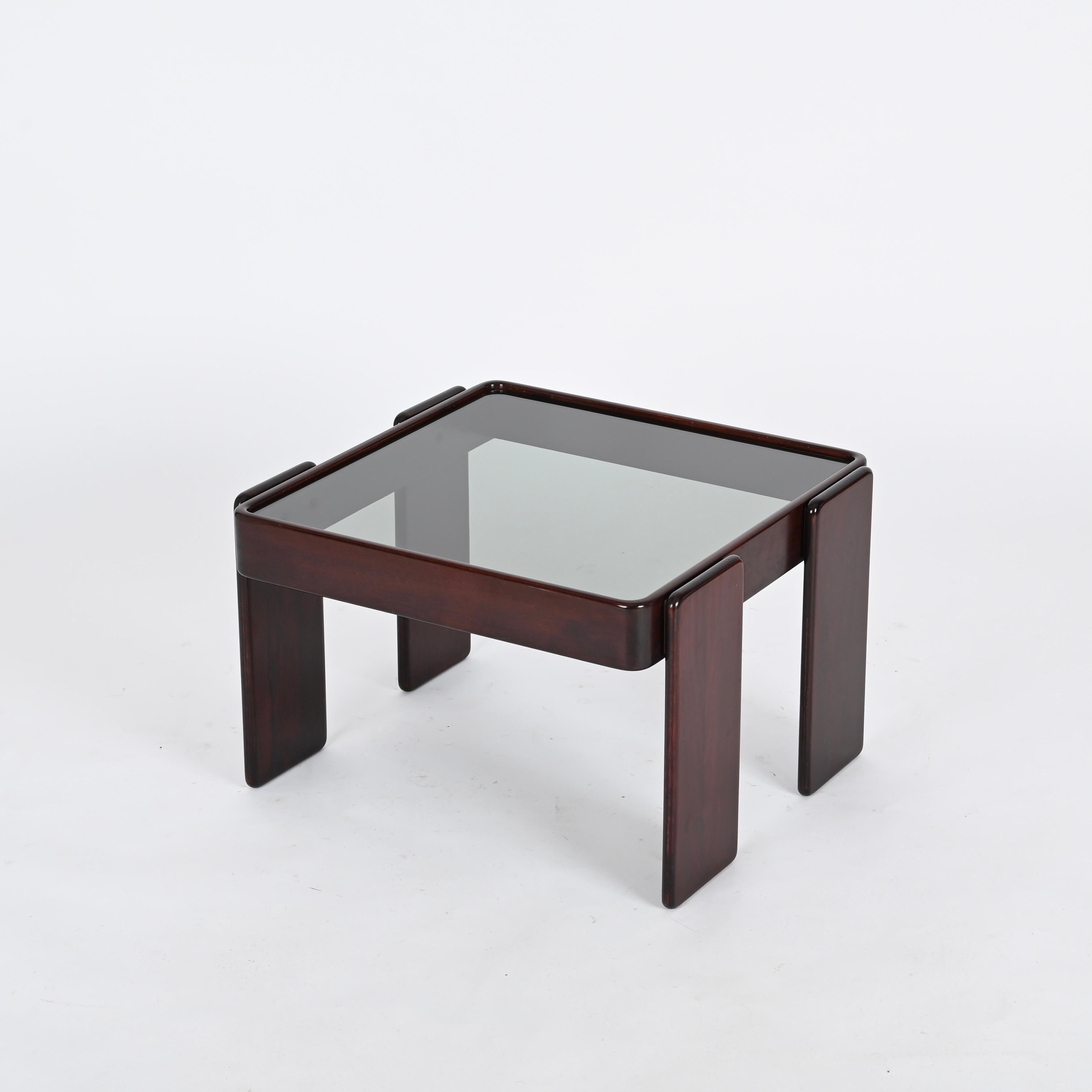 Late 20th Century Square Side Coffee Table with Smoked Glass by Frattini for Cassina, Italy, 1970s