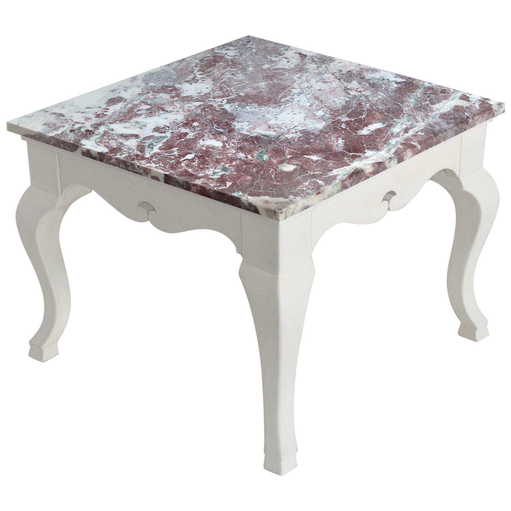 Side table red marble top white wooden base handmade in Italy by Cupioli 