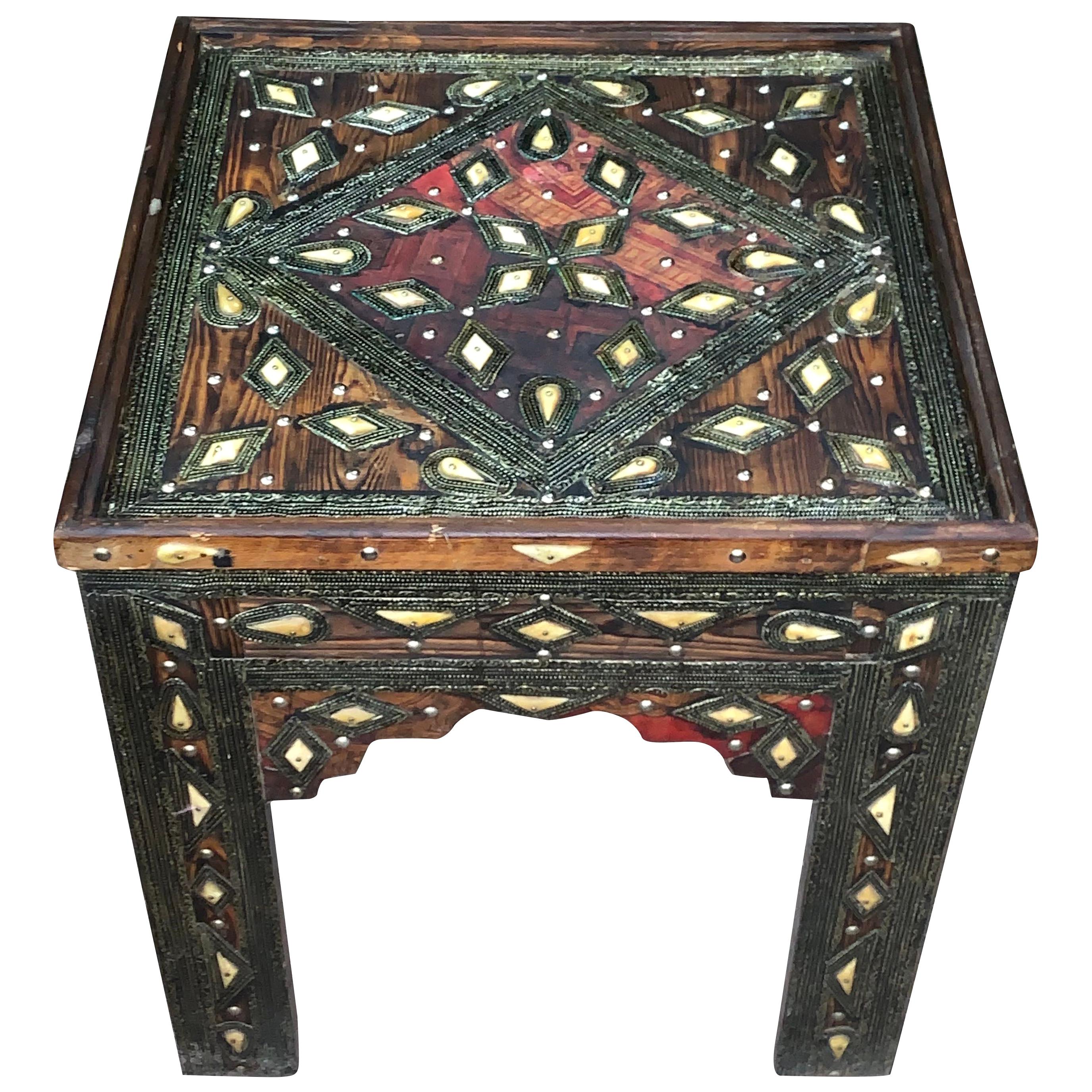 Bone and Silver Inlay Square Side Table, Morocco, 1920s