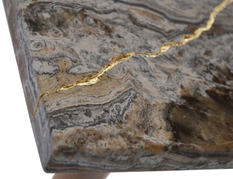 Hand-Crafted Square Onyx side Table Top Natural Wood Legs Gold Leaf Handmade in Italy For Sale
