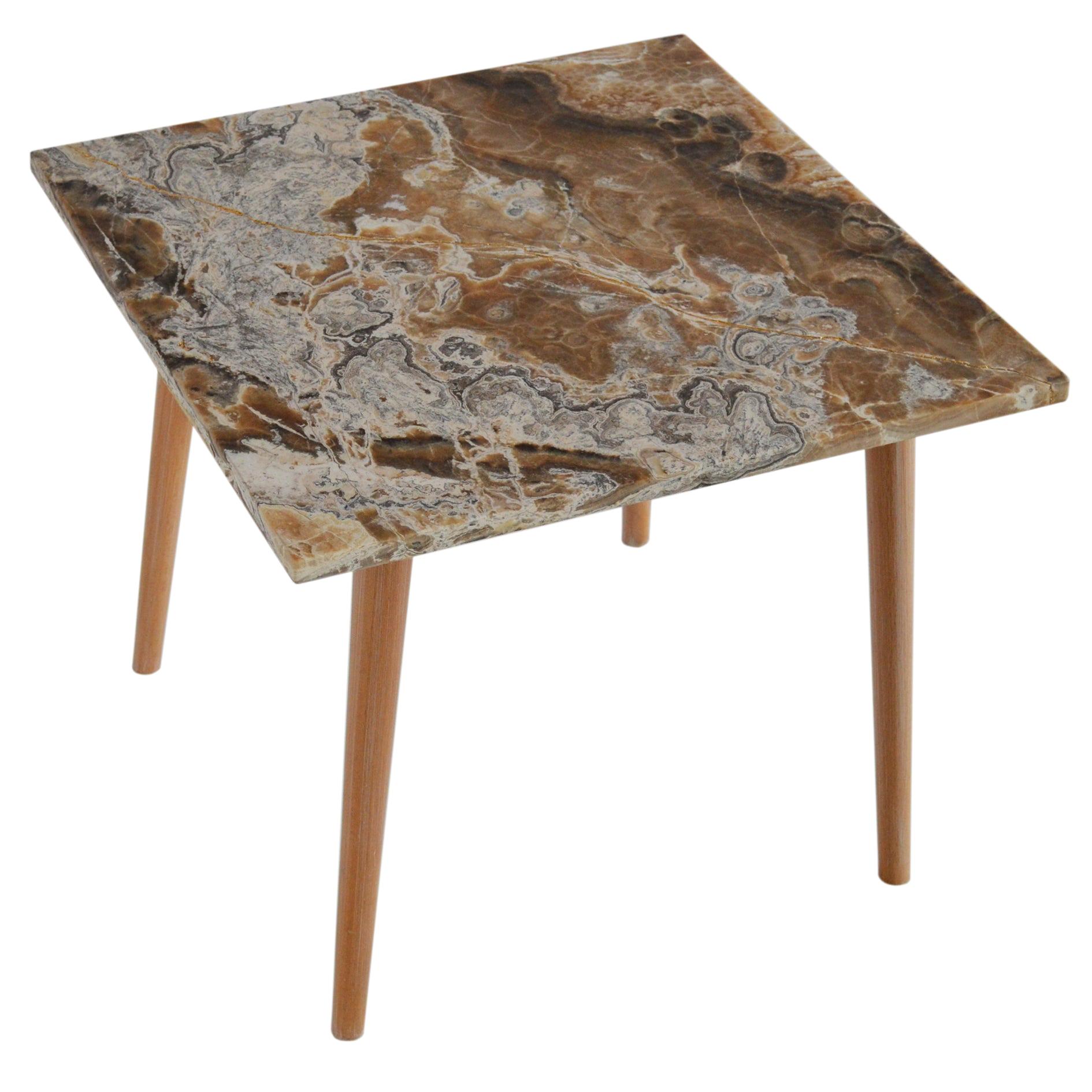 Square Onyx side Table Top Natural Wood Legs Gold Leaf Handmade art inlay.