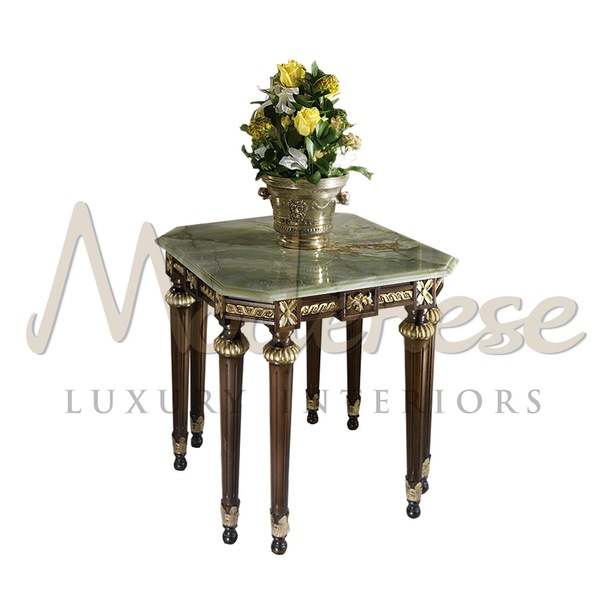 A decorative complementary item that will make the difference, this square side table is not for everyone. Afghan Green Onyx top, eight empire-style legs and walnut finish with gold leaf applications all over the carvings. So many secret details you