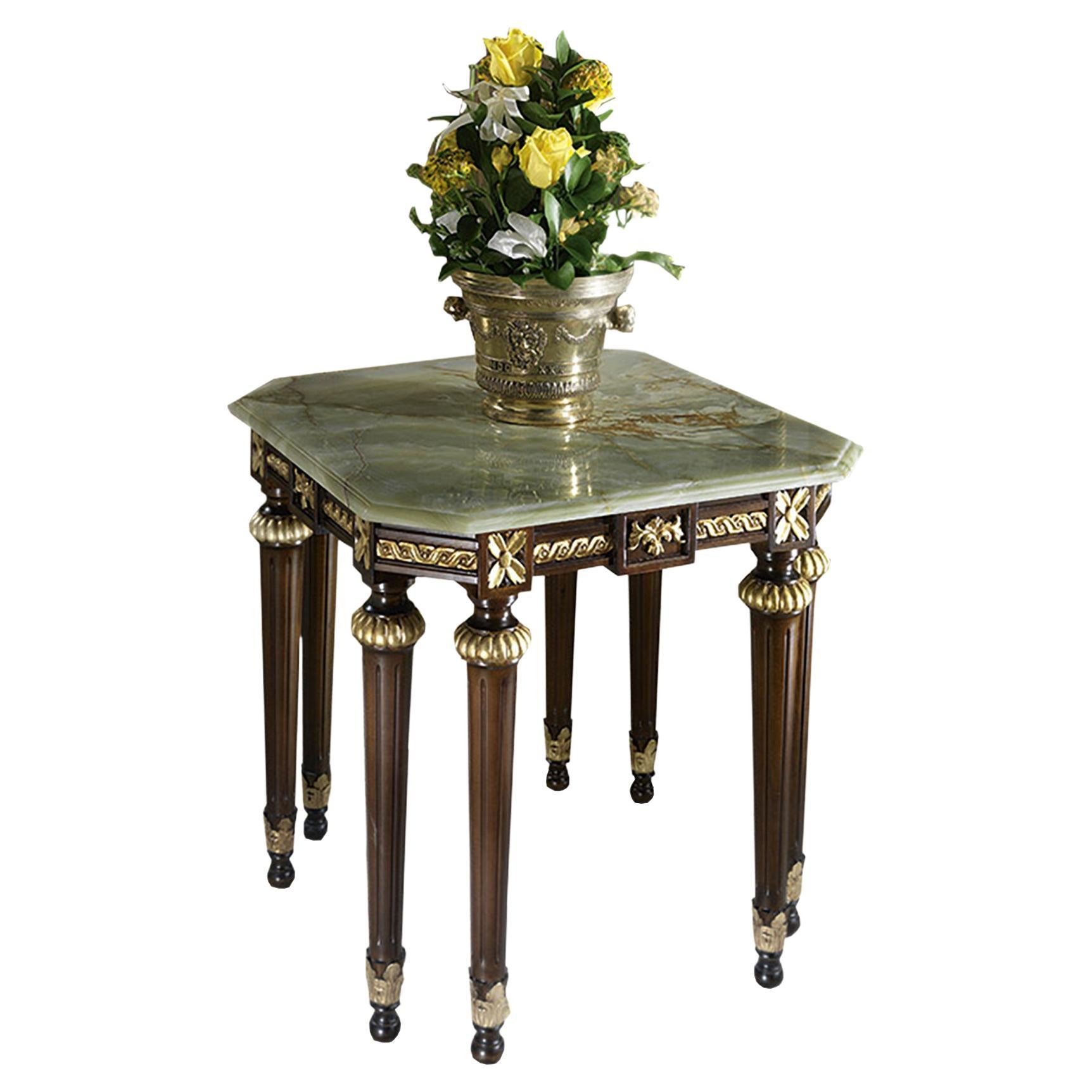 Square Side Table with Green Onyx Top and Walnut Finish by Modenese Luxury For Sale