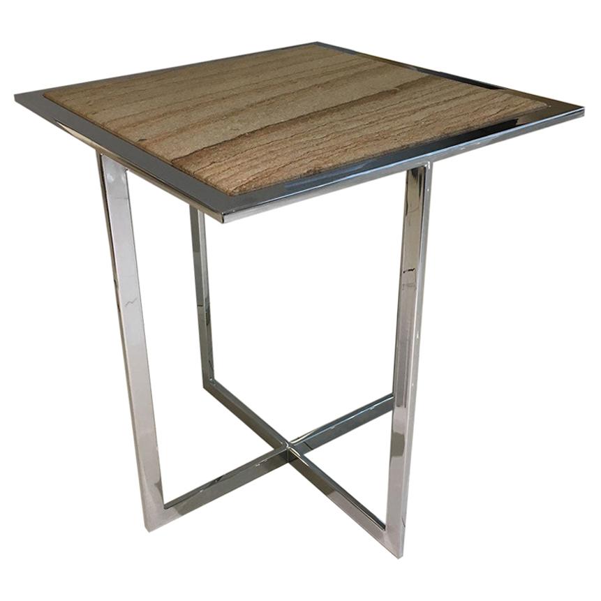 Square Side Table With Polished Chrome Frame & Sandstone Top by Draenert For Sale