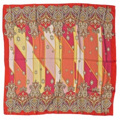 Square Silk Pink Yellow Gold Red Paisley Geometric Print Scarf