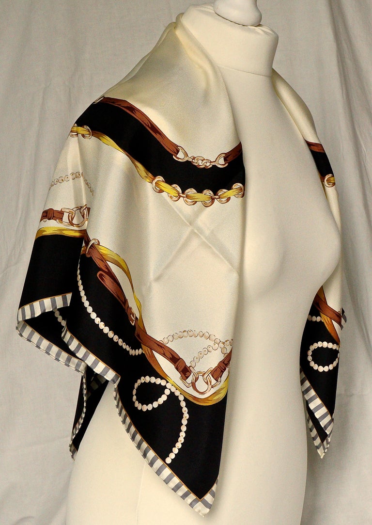 Square Silk Scarf with Belts Pearls and Ribbon Print on a Cream Background  For Sale at 1stDibs