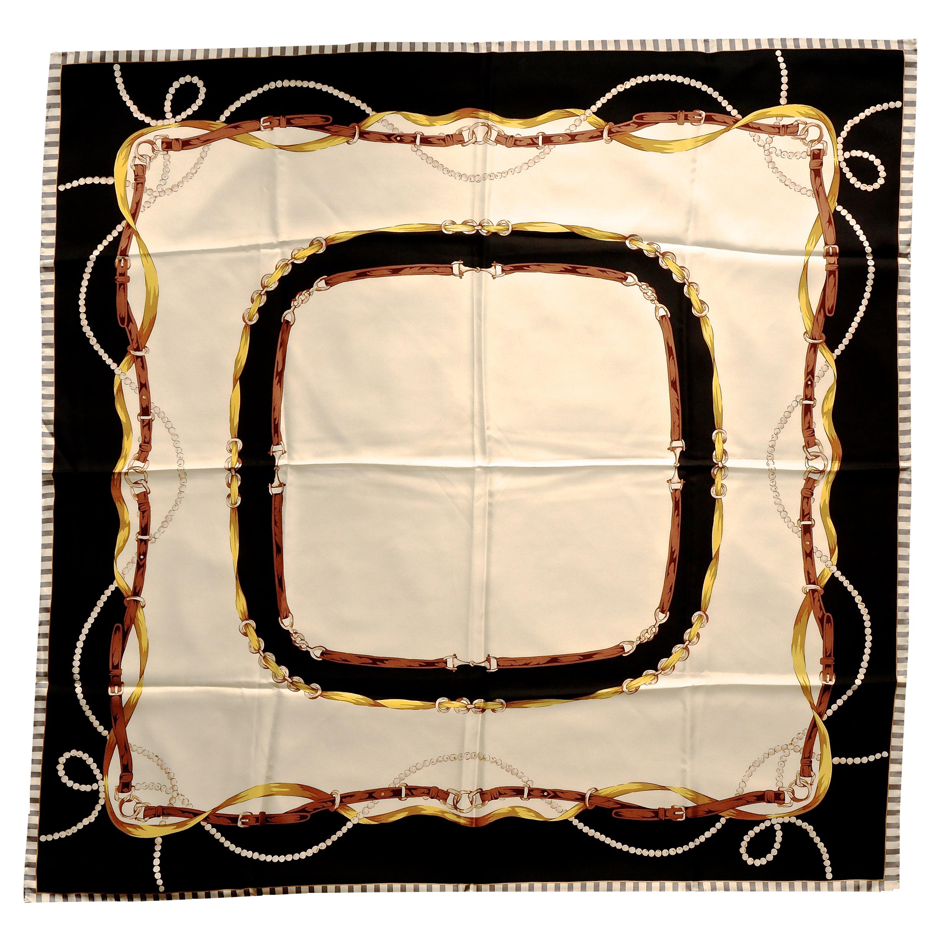 Square Silk Scarf with Belts Pearls and Ribbon Print on a Cream Background