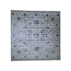 Square Silver Heriz Design Wool And Silk Hi-lo Pile Hand Knotted Rug