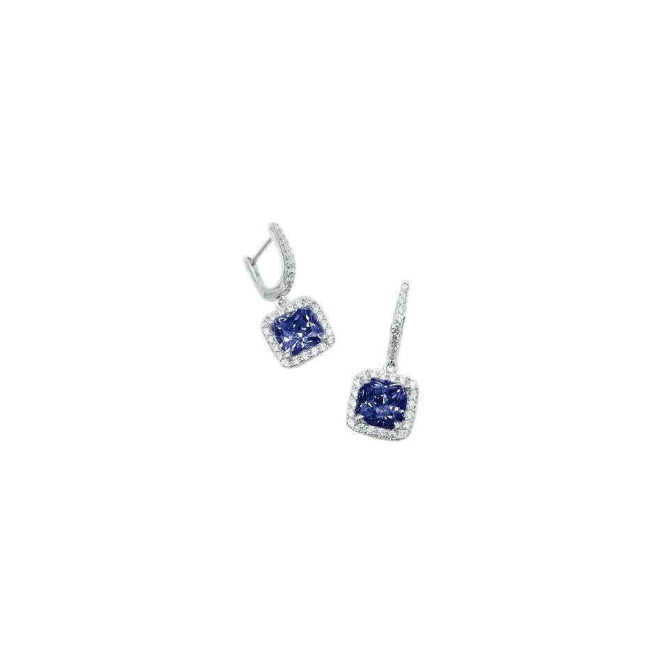 Square Silver Leverback Earring Blue For Sale