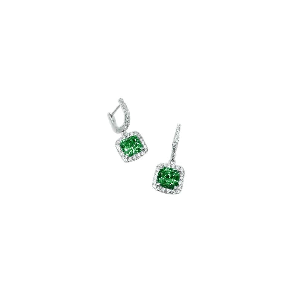 Square Silver Leverback Earrings Green For Sale