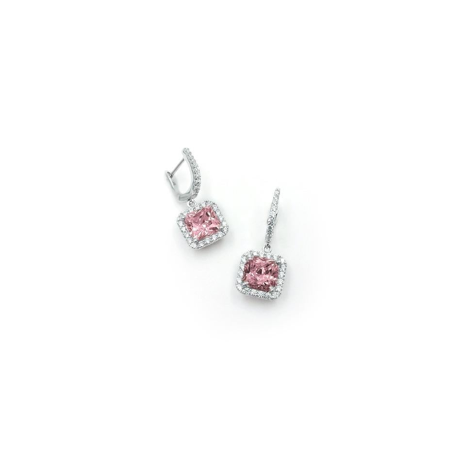 Square Silver Leverback Earrings Pink In New Condition For Sale In Montreux, CH