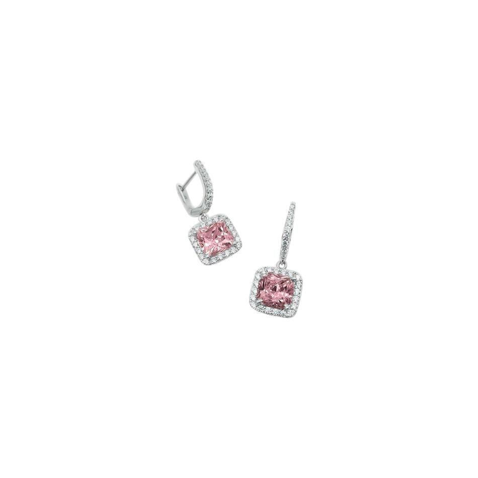 Square Silver Leverback Earrings Pink For Sale