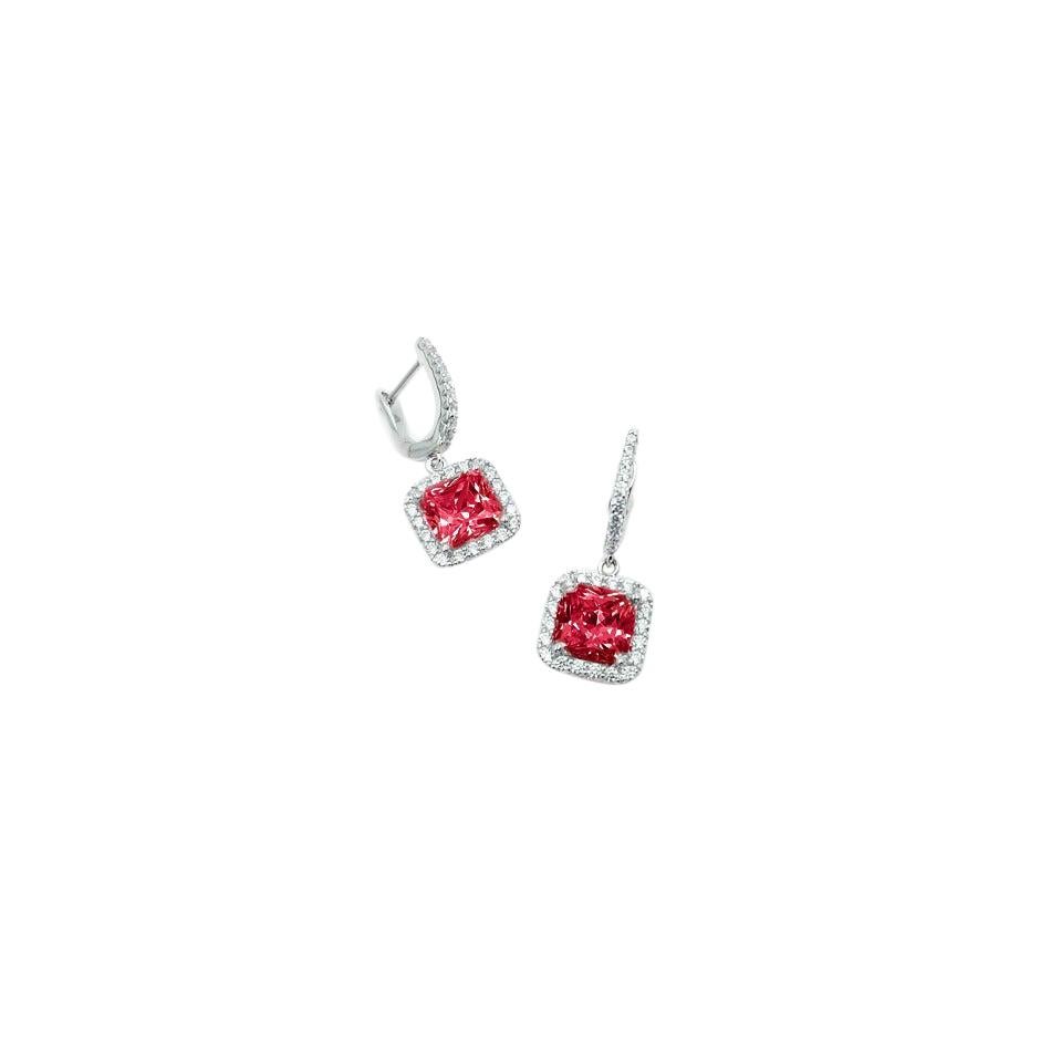Square Silver Leverback Earrings Ruby