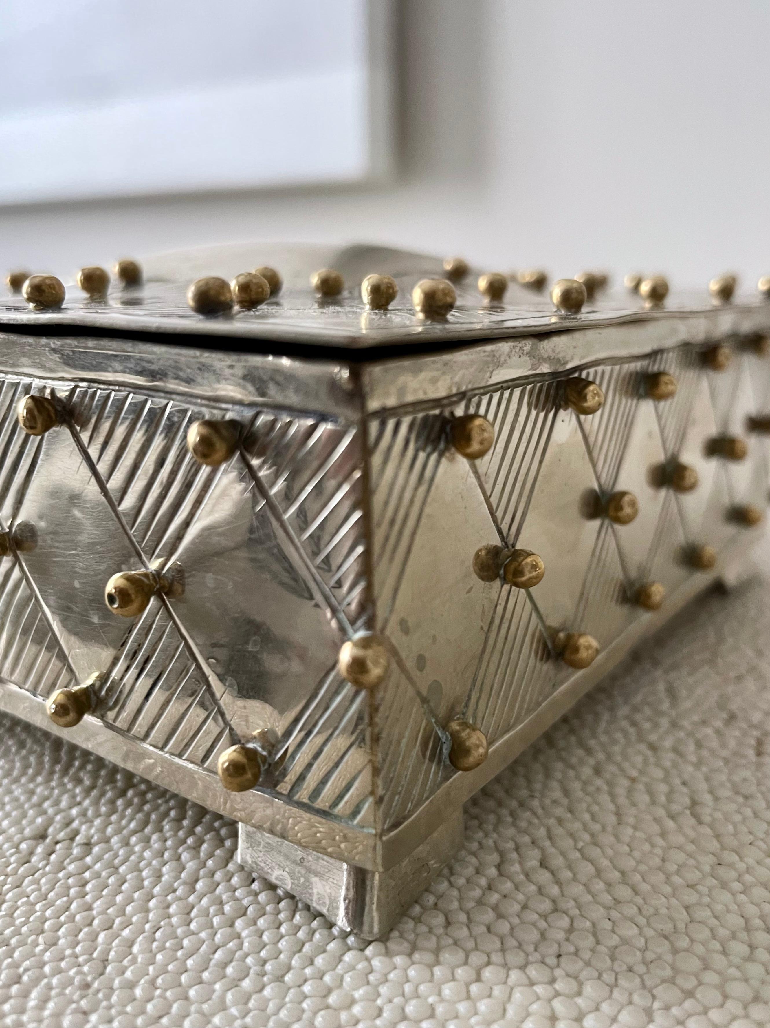 Hand-Crafted Square Silver Plate Box with Brass Beads After William Spratling