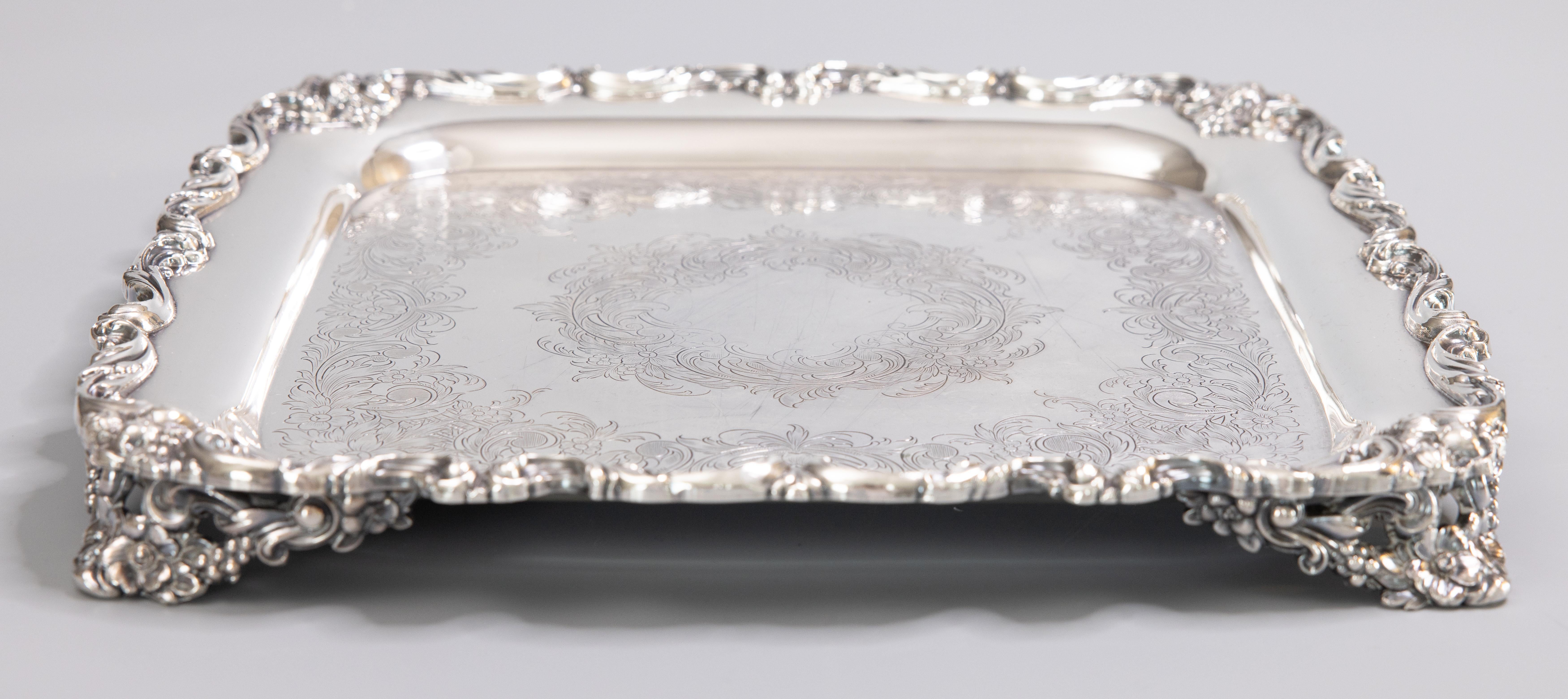 Square Silver Plate Footed Barware Serving Tray, circa 1950 In Good Condition In Pearland, TX