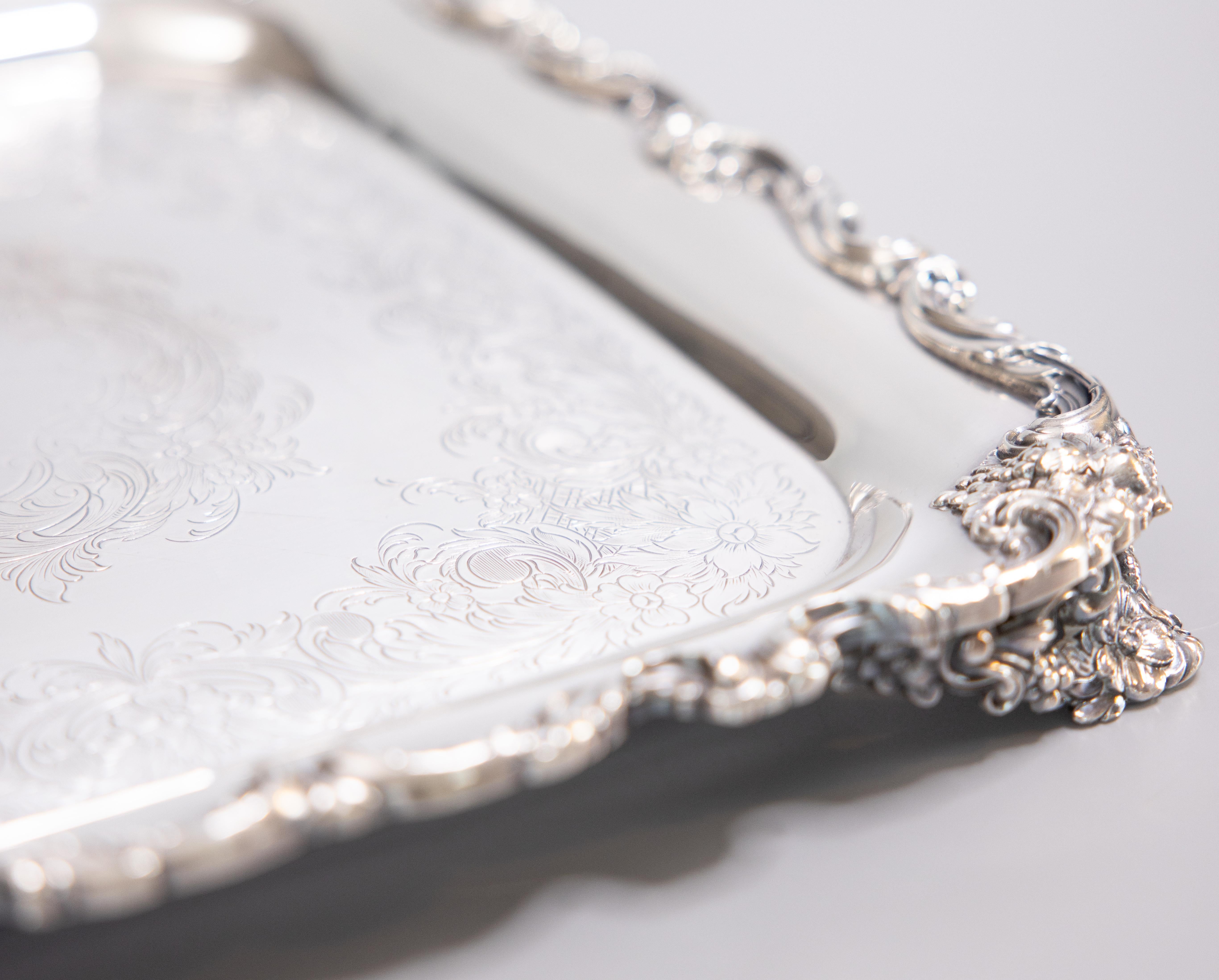 Square Silver Plate Footed Barware Serving Tray, circa 1950 1