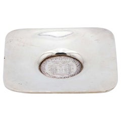 Square silver saucer with an inlaid coin of D. João