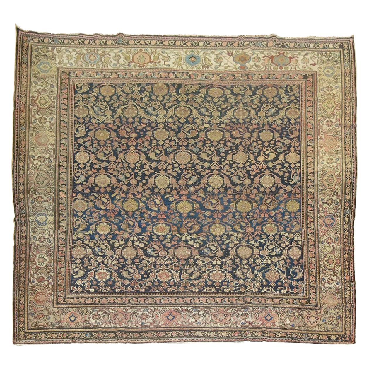 Square Size Antique Early 20th Century Blue Beige Dusty Rose Persian Malayer Rug For Sale