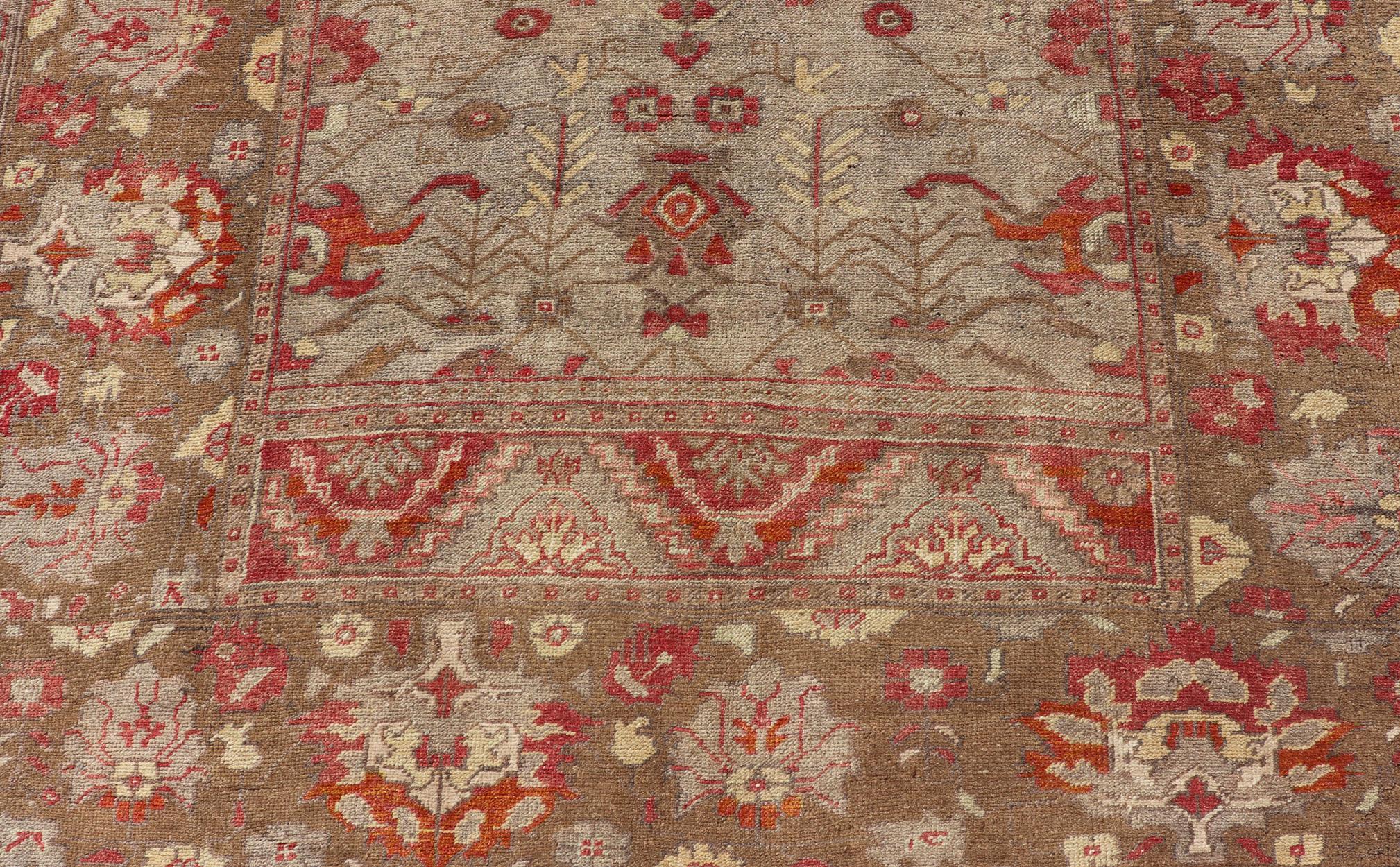 Square Size Antique Turkish Floral Oushak Rug in Green, Red Taupe & Tan For Sale 5