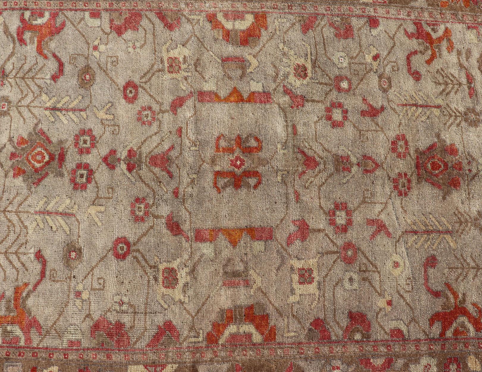 Square Size Antique Turkish Floral Oushak Rug in Green, Red Taupe & Tan For Sale 6