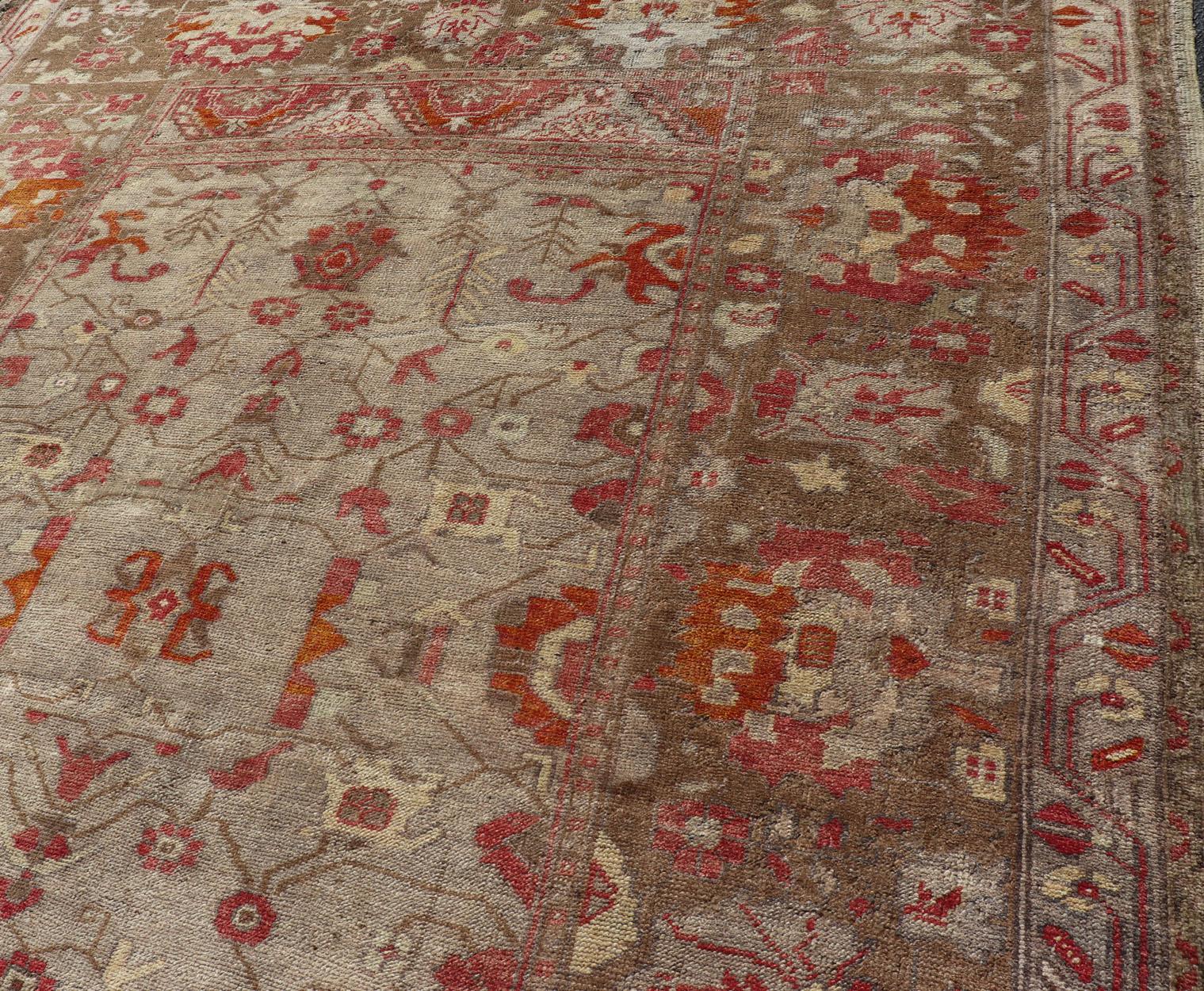 Square Size Antique Turkish Floral Oushak Rug in Green, Red Taupe & Tan For Sale 7