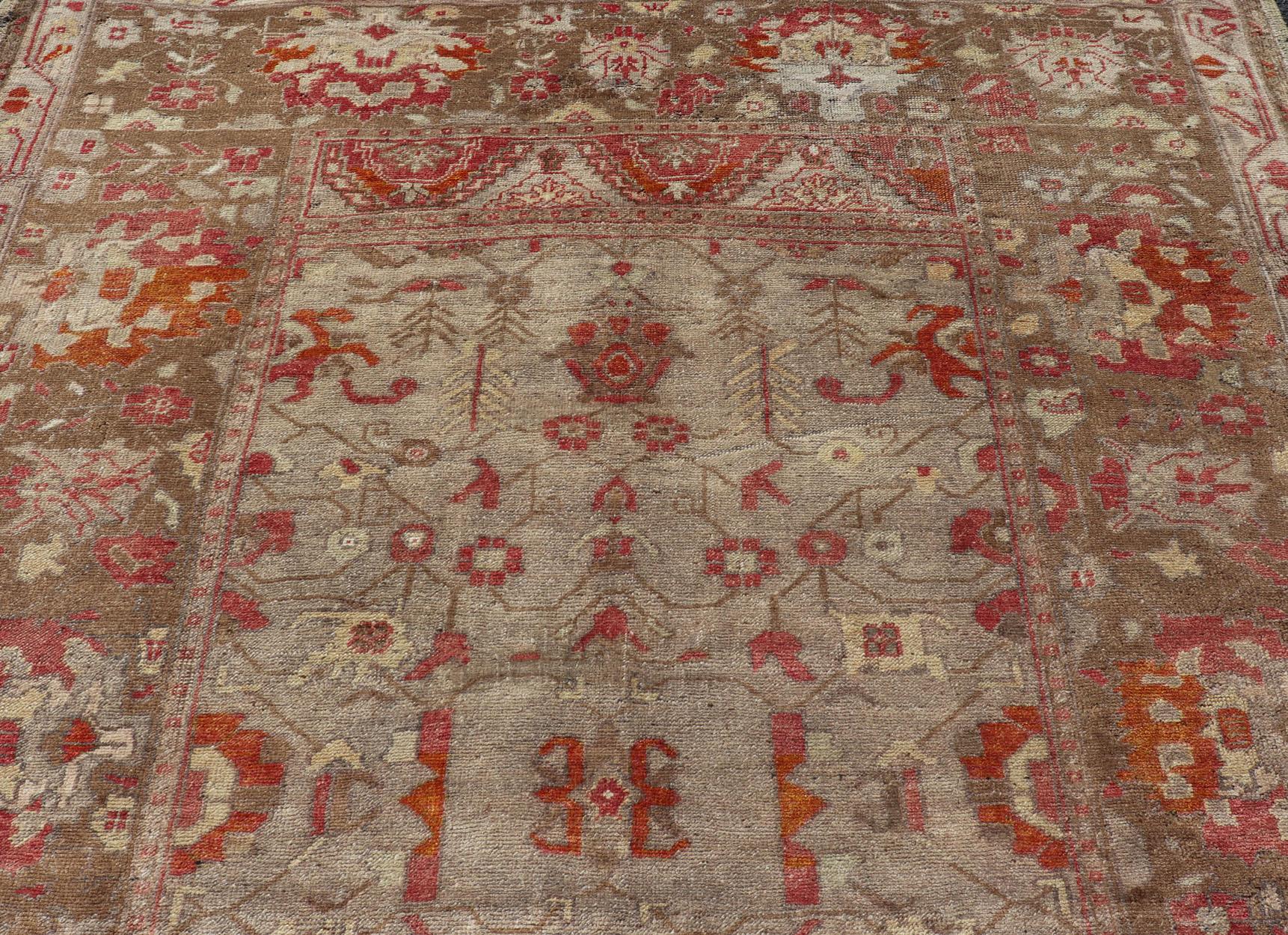 Square Size Antique Turkish Floral Oushak Rug in Green, Red Taupe & Tan For Sale 9