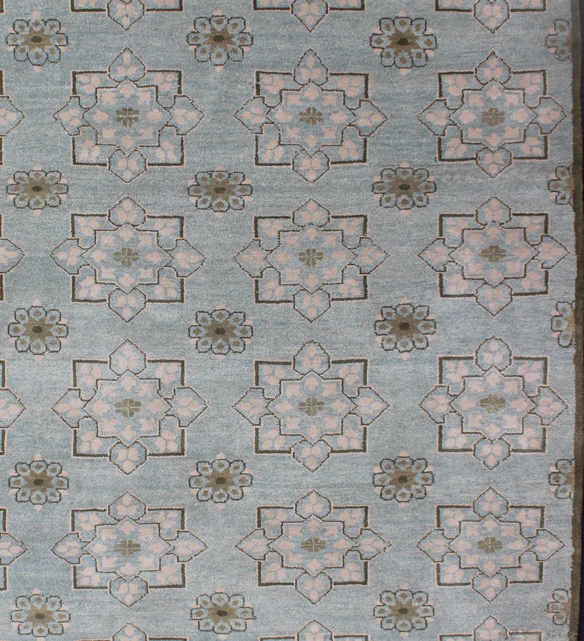 Transitional rug with Ice blue background with green and neutrals. Keivan Woven Arts/ rug/OB-103854522, country of origin / type: India / Transitional rug.

Measures: 8 x 8'7.

This transitional Design rug from India features a subdued, light blue,