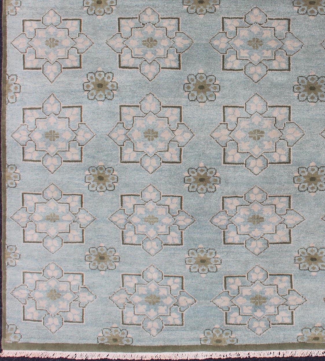 Oushak Square Size Modern Transitional Rug in Ice Blue Background and All-Over Design For Sale