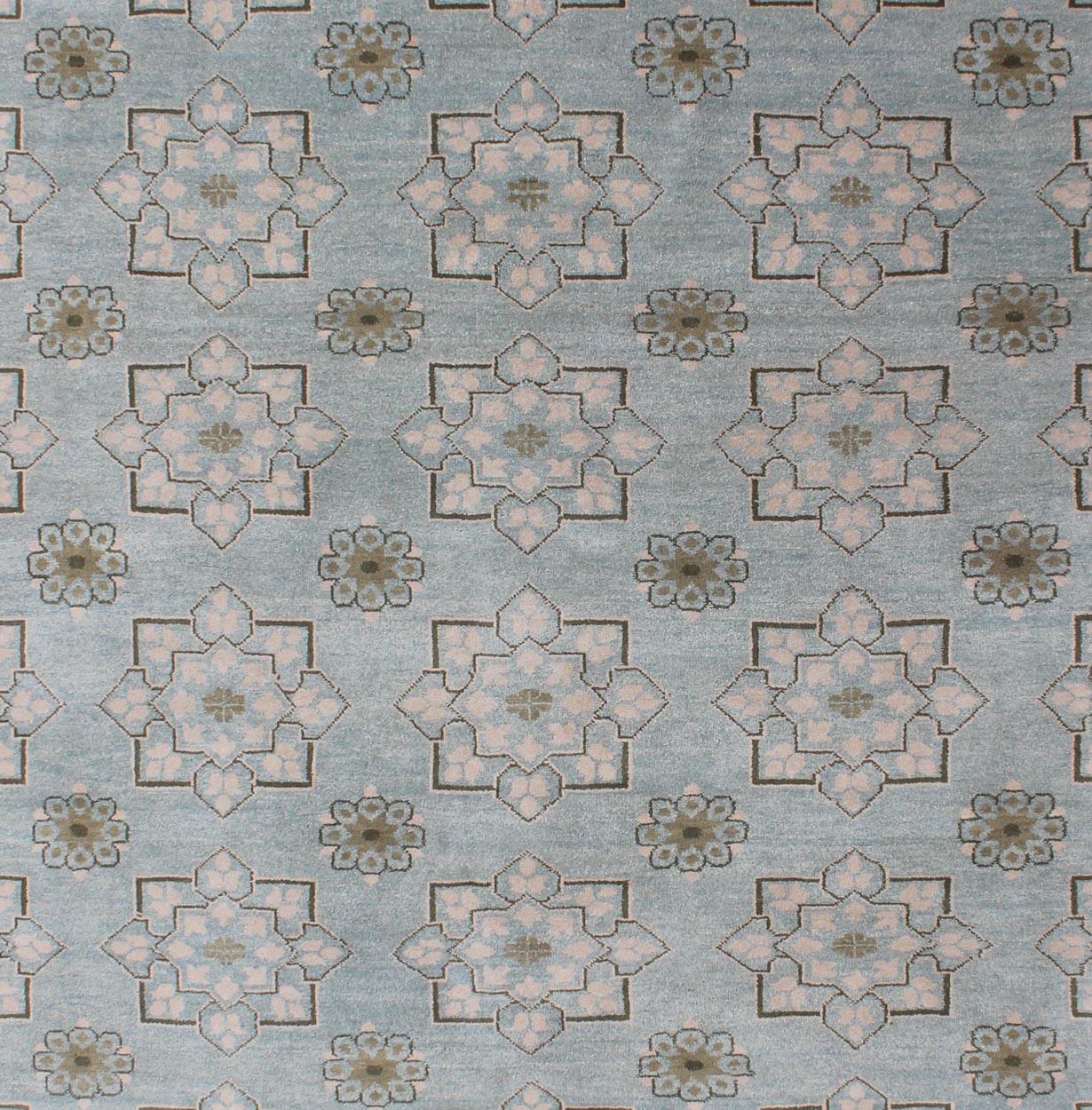 Indian Square Size Modern Transitional Rug in Ice Blue Background and All-Over Design For Sale