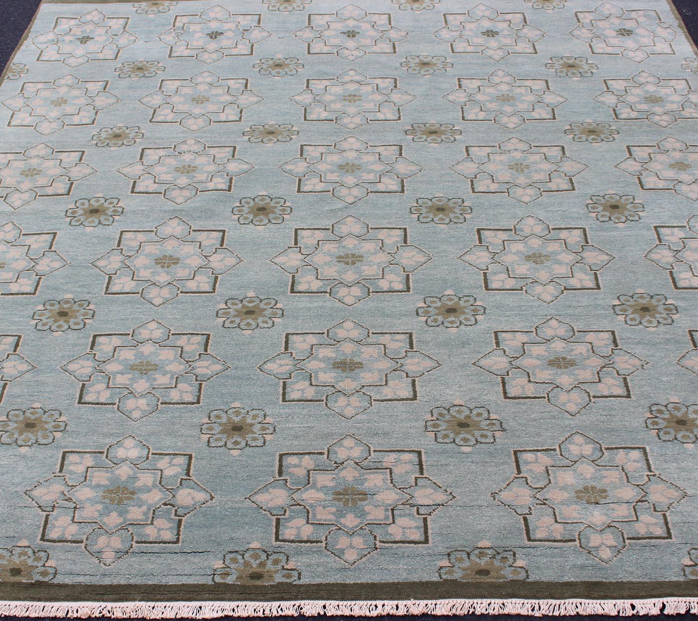 Square Size Modern Transitional Rug in Ice Blue Background and All-Over Design In Excellent Condition For Sale In Atlanta, GA