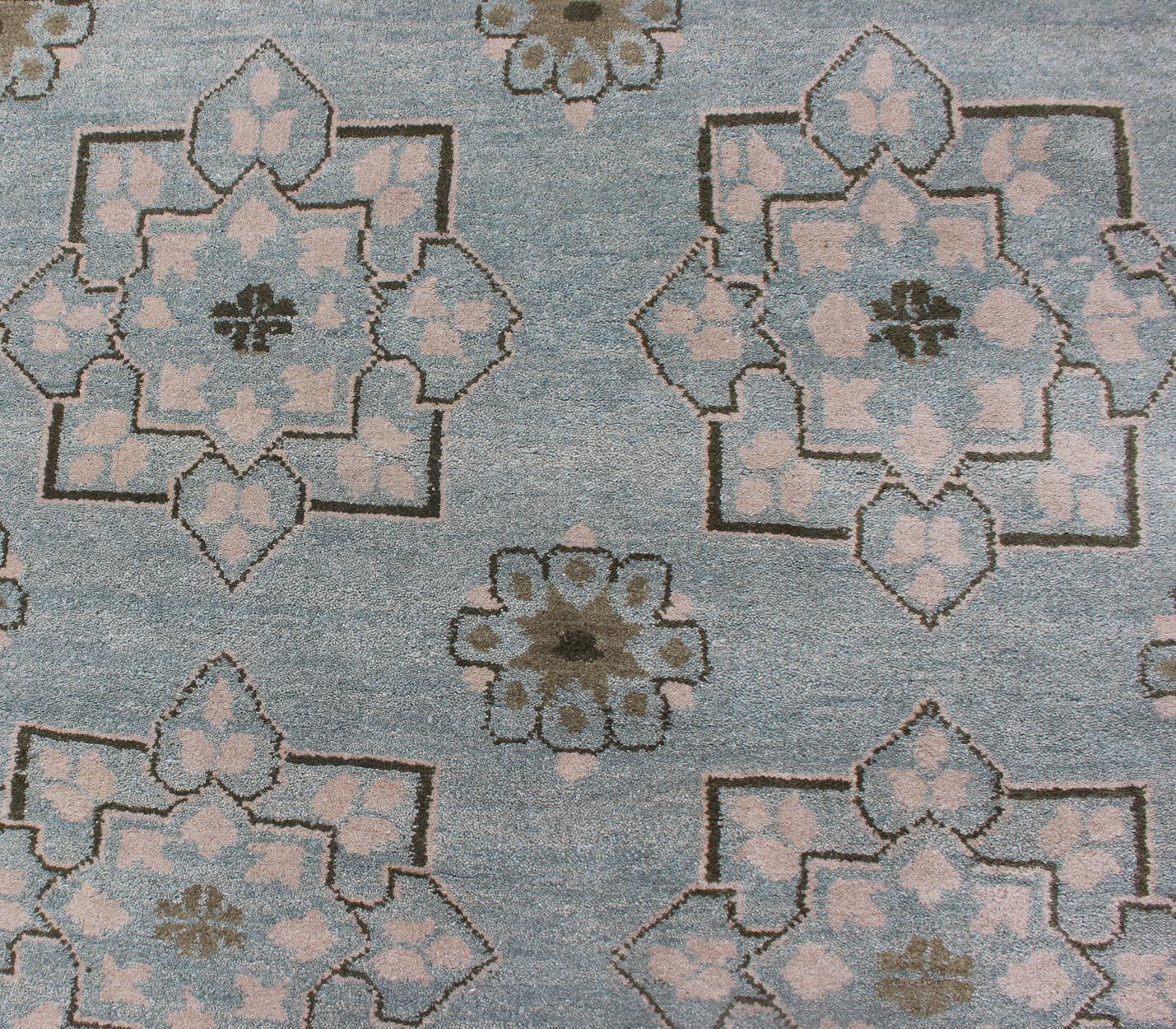 Square Size Modern Transitional Rug in Ice Blue Background and All-Over Design For Sale 1