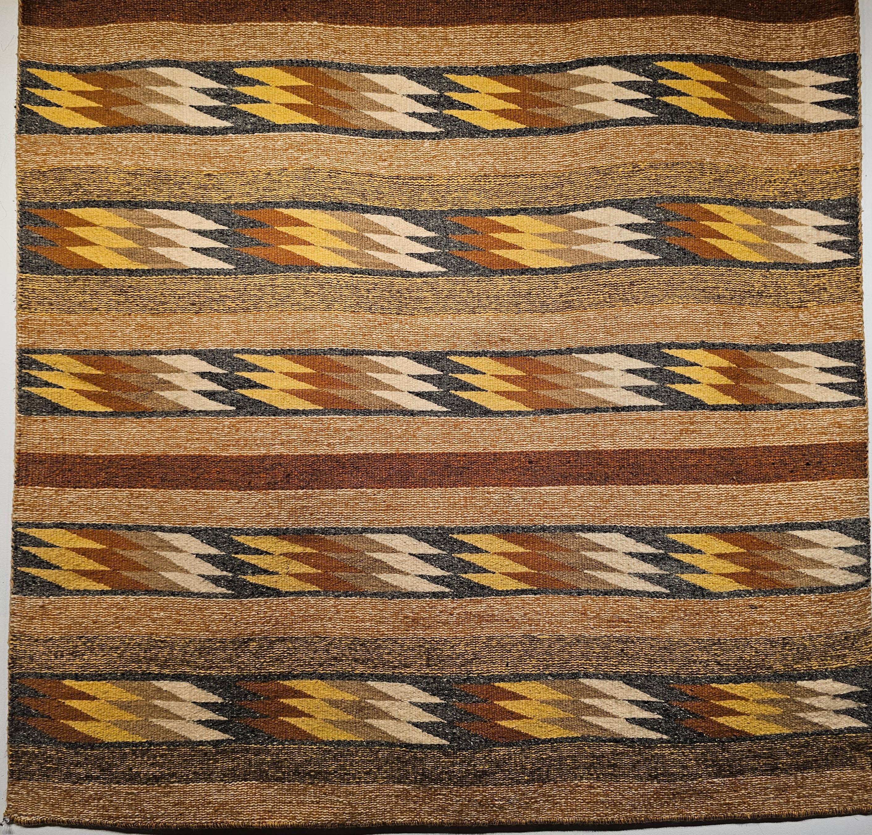 Wool Square Size Native American Navajo Eye Dazzler Rug in Ivory, Yellow, Rust, Blue For Sale