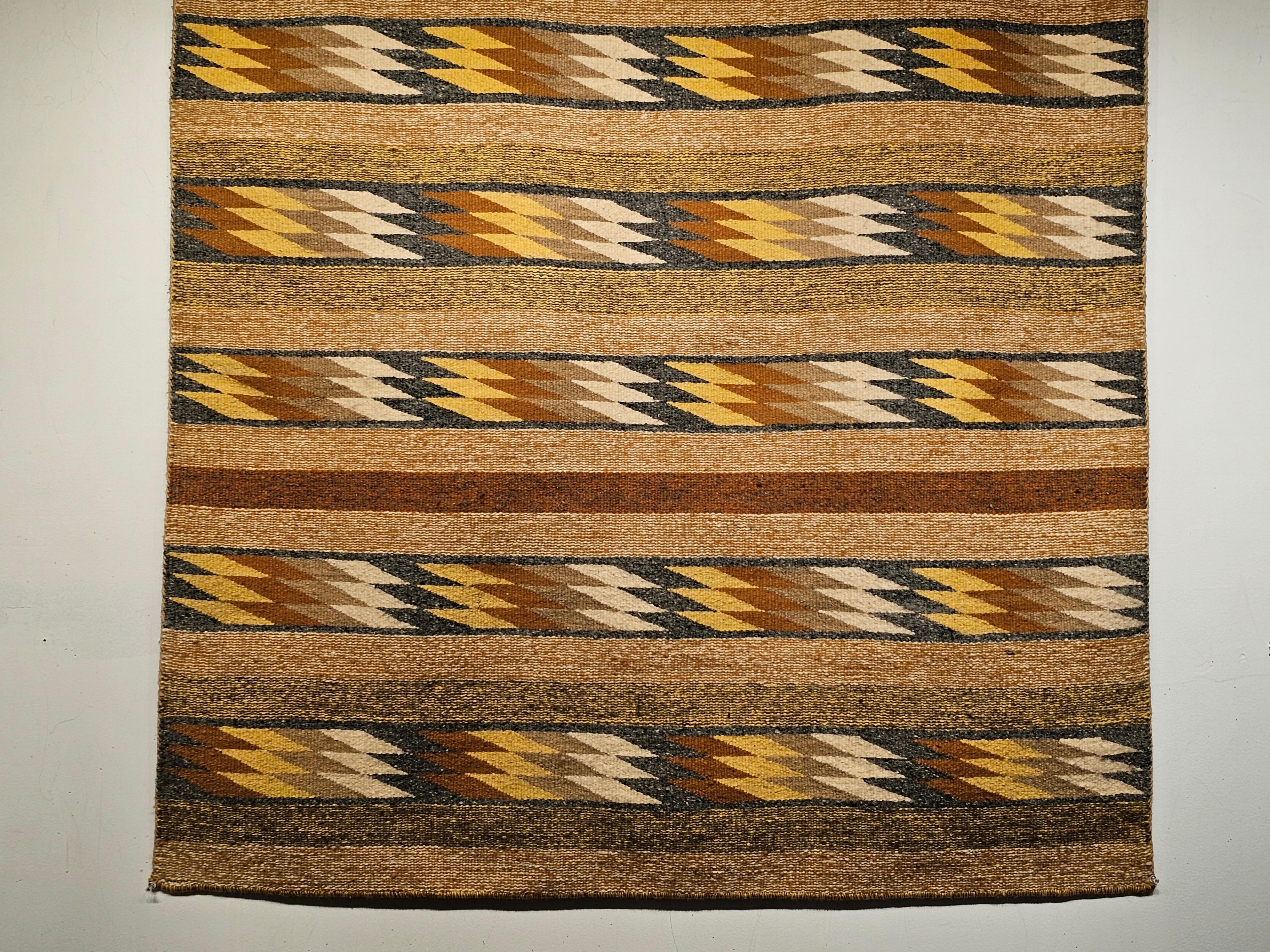 Square Size Native American Navajo Eye Dazzler Rug in Ivory, Yellow, Rust, Blue For Sale 1