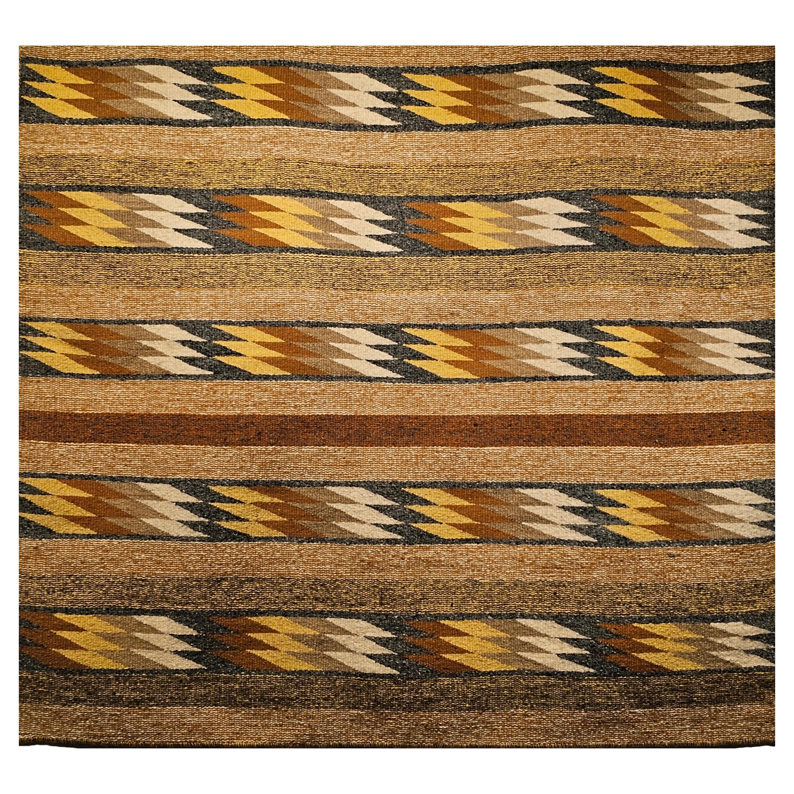 Square Size Native American Navajo Eye Dazzler Rug in Ivory, Yellow, Rust, Blue For Sale